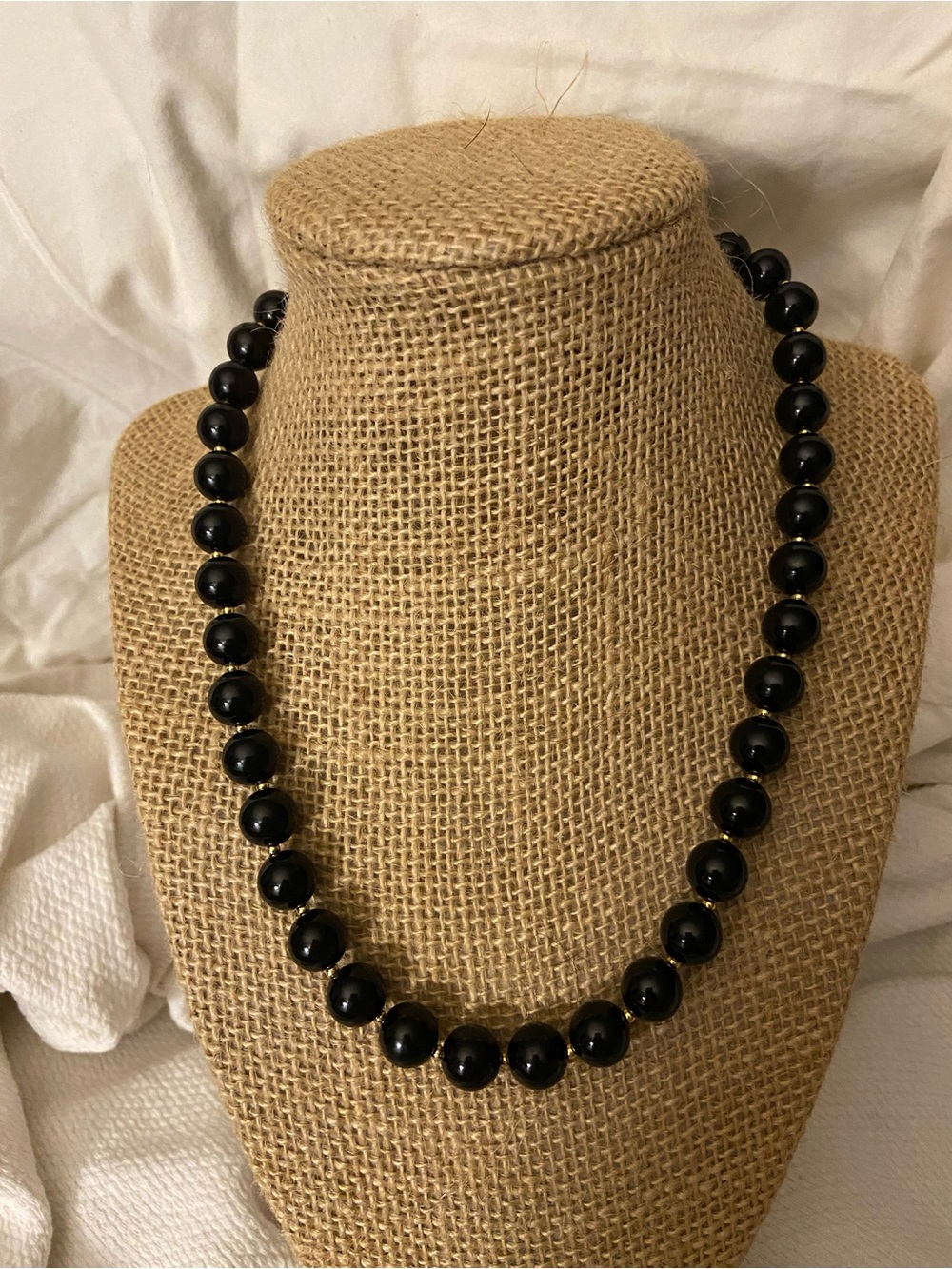 Vintage Marvella Black Beaded Necklace with Gold Accents